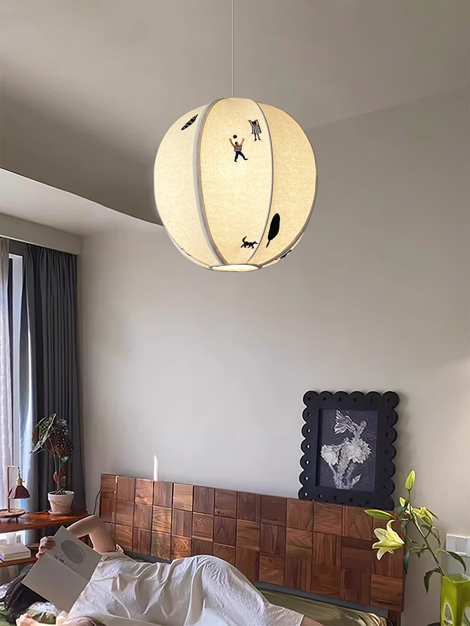 Park Scene Embroidered White Fabric Textile Pendant Light for Bedroom and Dining Areas