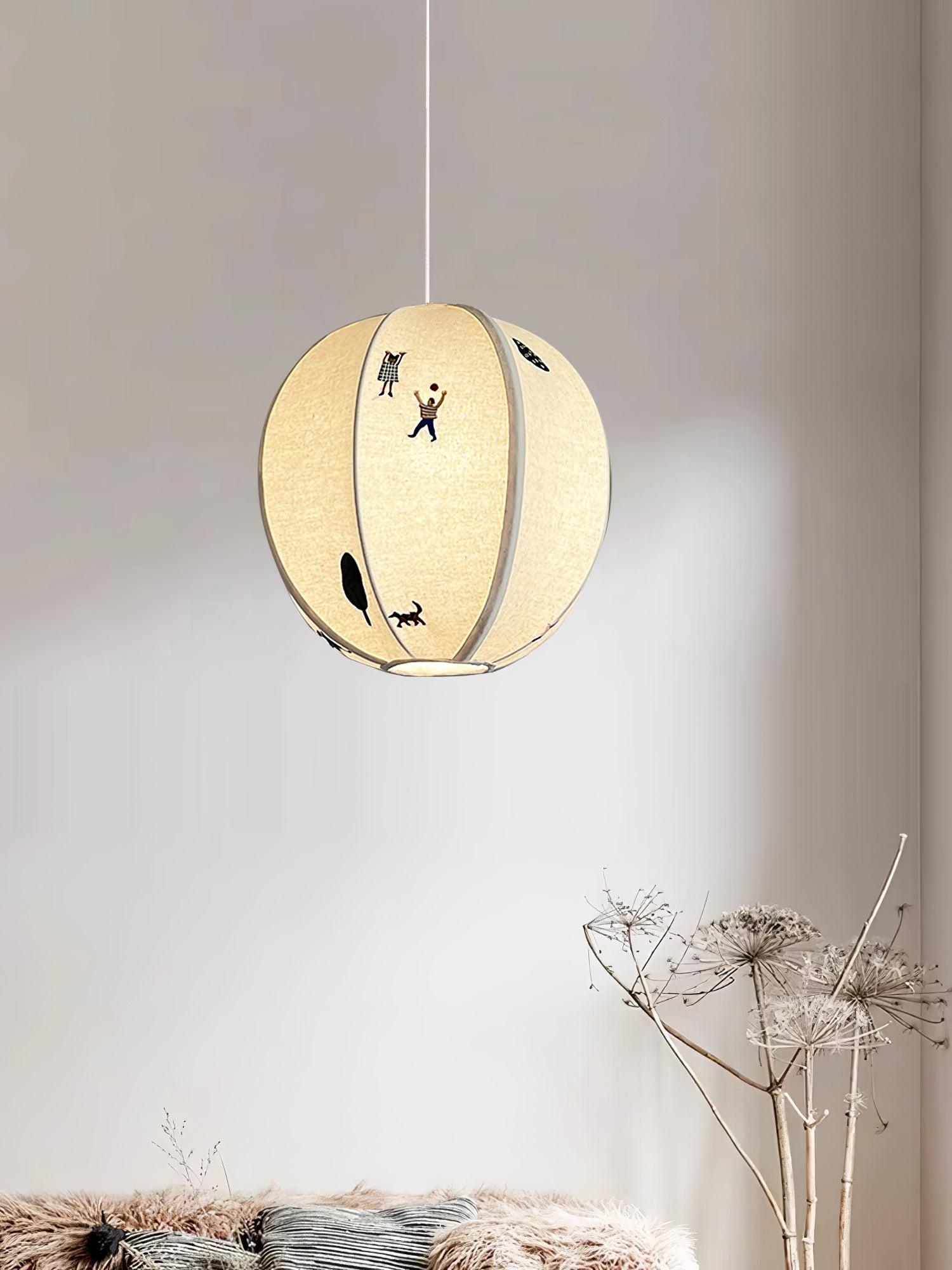 Park Scene Embroidered White Fabric Textile Pendant Light for Bedroom and Dining Areas