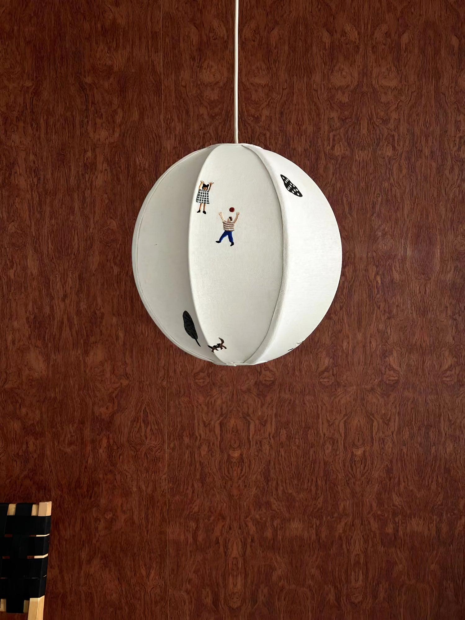 Park Scene Embroidered White Fabric Textile Pendant Light for Bedroom and Dining Areas