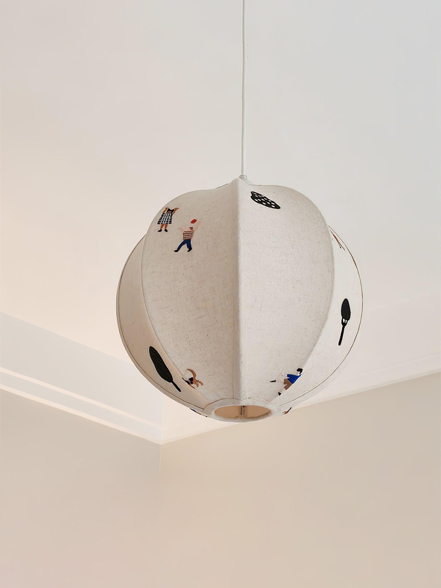 Park Scene Embroidered White Fabric Textile Pendant Light for Bedroom and Dining Areas
