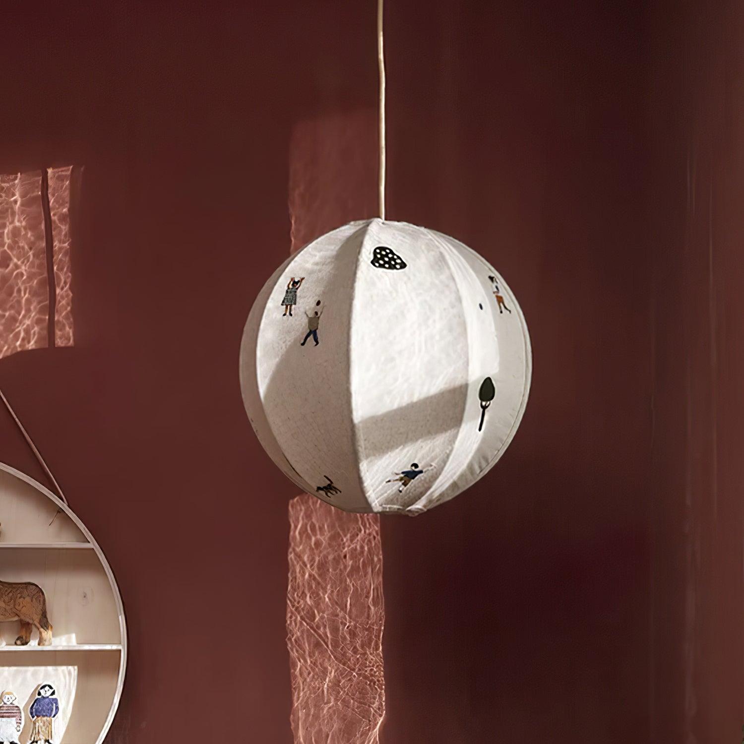 Park Scene Embroidered White Fabric Textile Pendant Light for Bedroom and Dining Areas