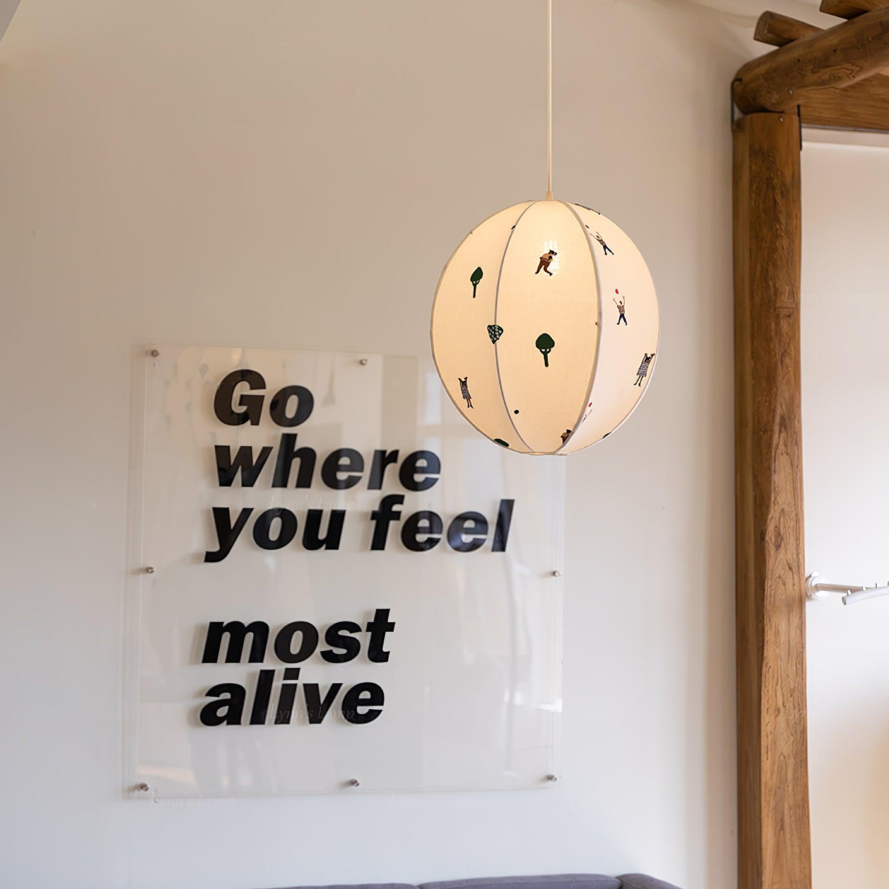 Park Scene Embroidered White Fabric Textile Pendant Light for Bedroom and Dining Areas
