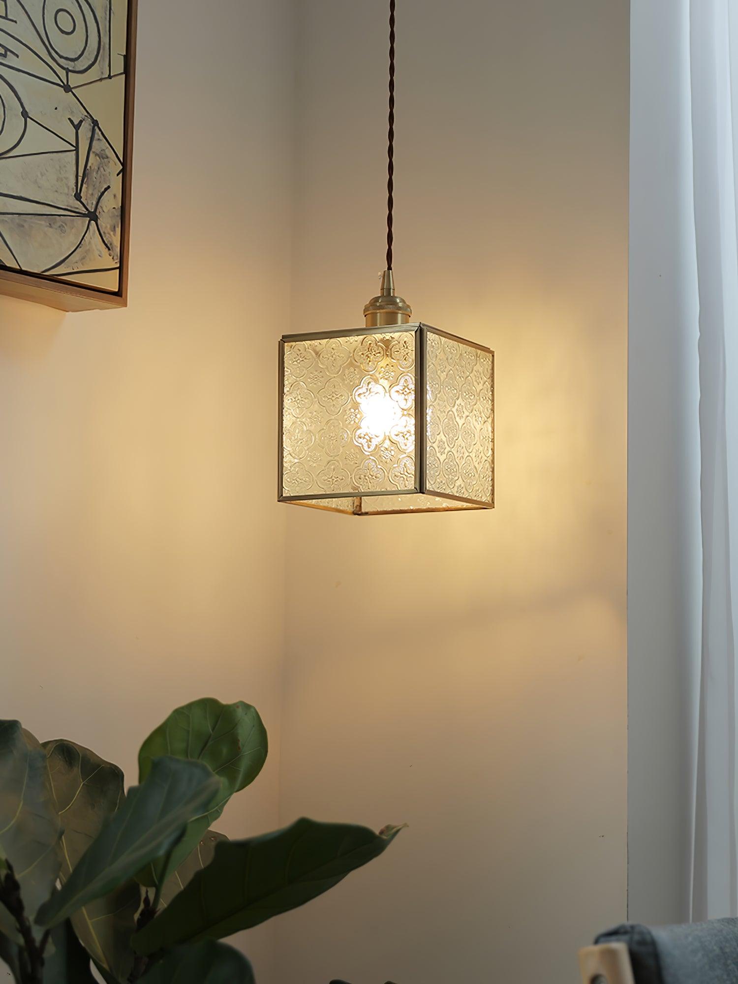 Patterned Frosted Glass Pendant Light with Solid Brass Body for Modern Interior Spaces