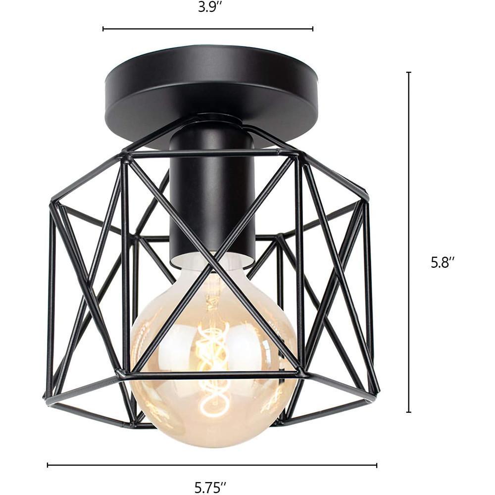 Traditional Black Metal Wire Frame Lantern Outdoor Flush Mount LED Ceiling Light