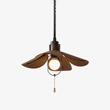 Petal Bloom Floral Linen Fabric Pendant Light Vintage Wood Walnut Hanging Ceiling Lamp