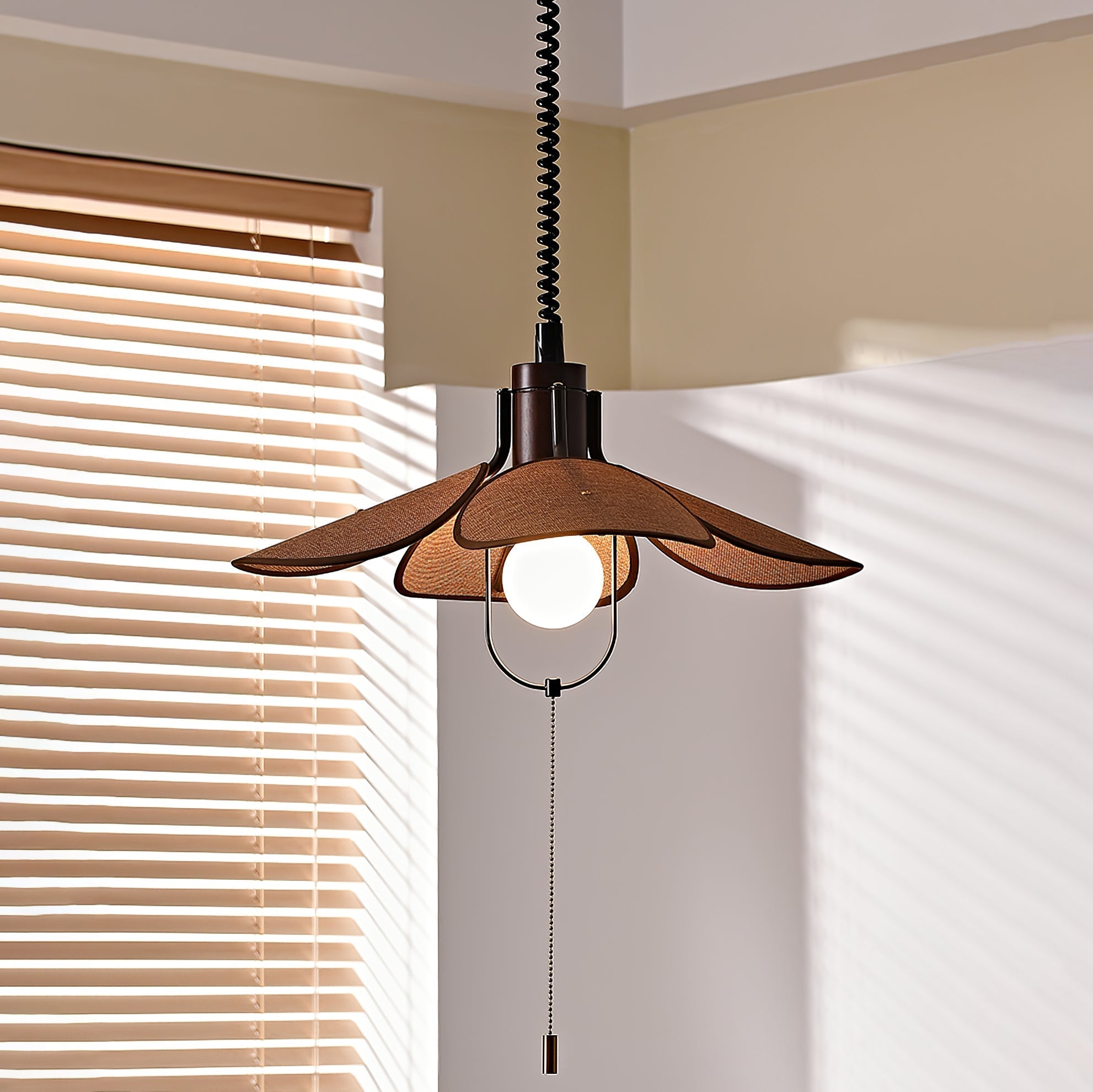 Petal Bloom Floral Linen Fabric Pendant Light Vintage Wood Walnut Hanging Ceiling Lamp