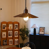 Petal Bloom Floral Linen Fabric Pendant Light Vintage Wood Walnut Hanging Ceiling Lamp