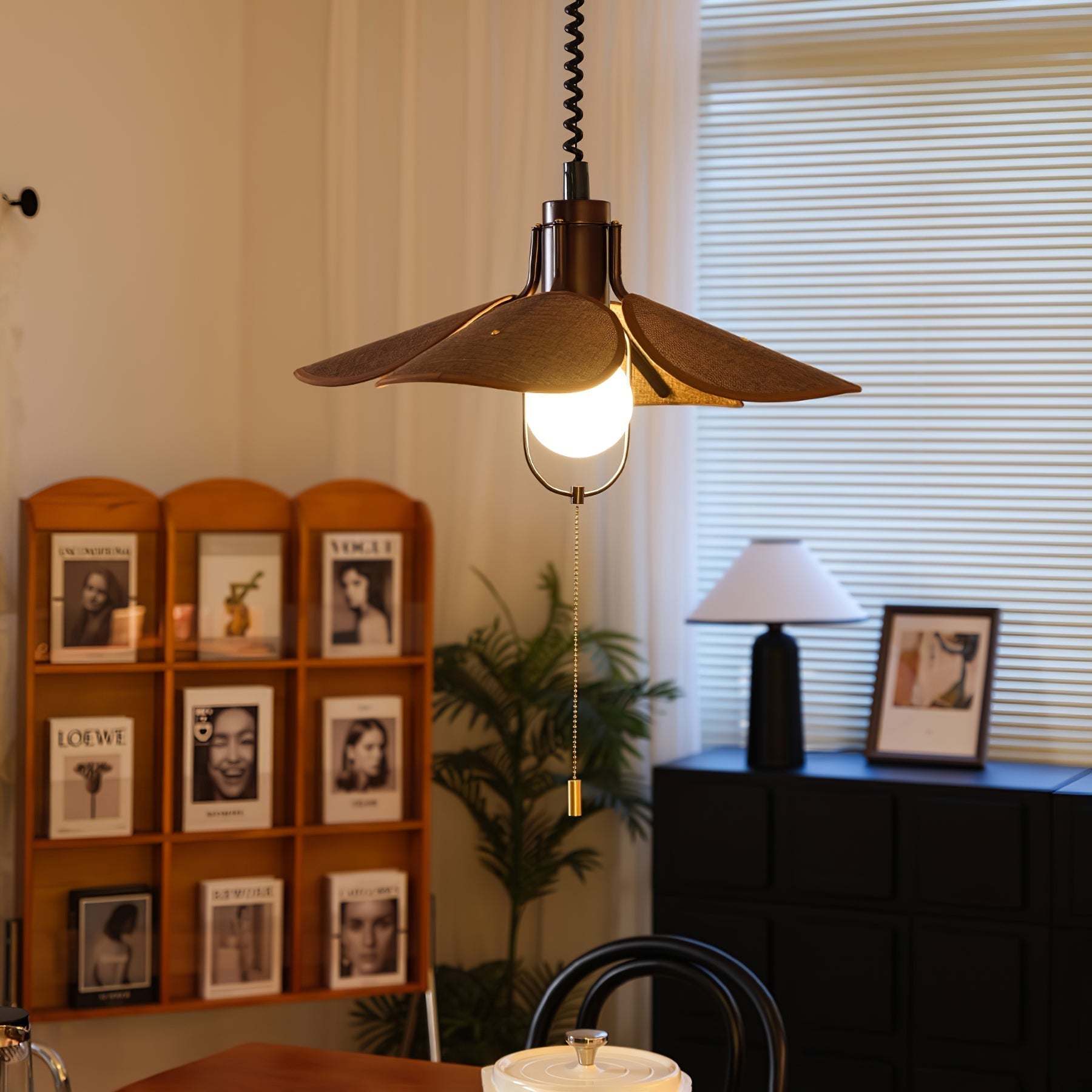 Petal Bloom Floral Linen Fabric Pendant Light Vintage Wood Walnut Hanging Ceiling Lamp
