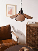 Petal Bloom Floral Linen Fabric Pendant Light Vintage Wood Walnut Hanging Ceiling Lamp