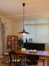 Petal Bloom Floral Linen Fabric Pendant Light Vintage Wood Walnut Hanging Ceiling Lamp