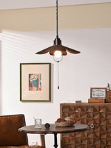 Petal Bloom Floral Linen Fabric Pendant Light Vintage Wood Walnut Hanging Ceiling Lamp