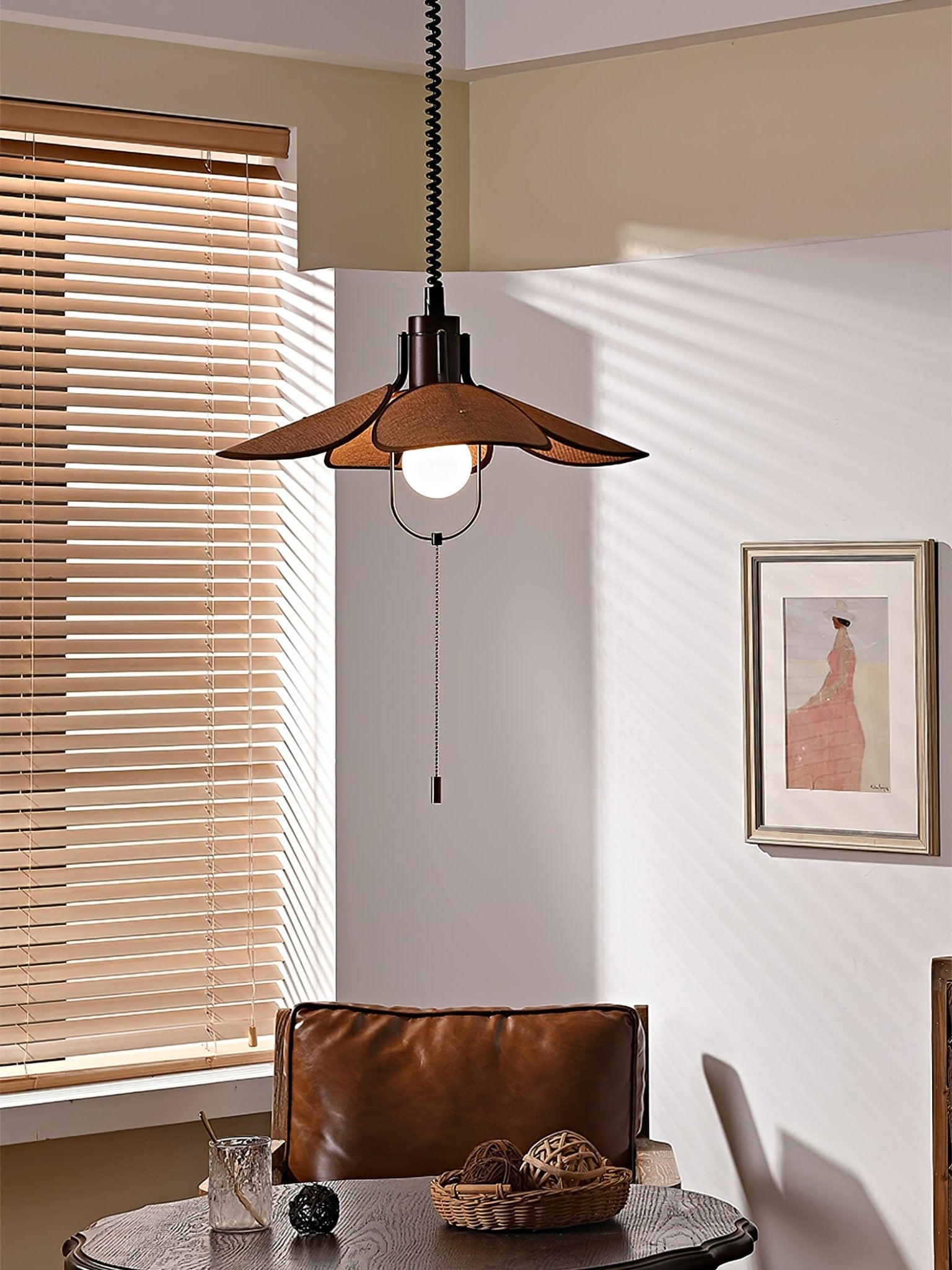 Petal Bloom Floral Linen Fabric Pendant Light Vintage Wood Walnut Hanging Ceiling Lamp