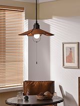 Petal Bloom Floral Linen Fabric Pendant Light Vintage Wood Walnut Hanging Ceiling Lamp