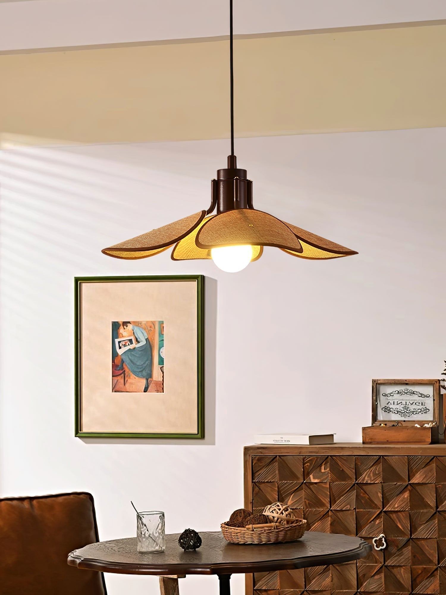 Petal Bloom Floral Linen Fabric Pendant Light Vintage Wood Walnut Hanging Ceiling Lamp