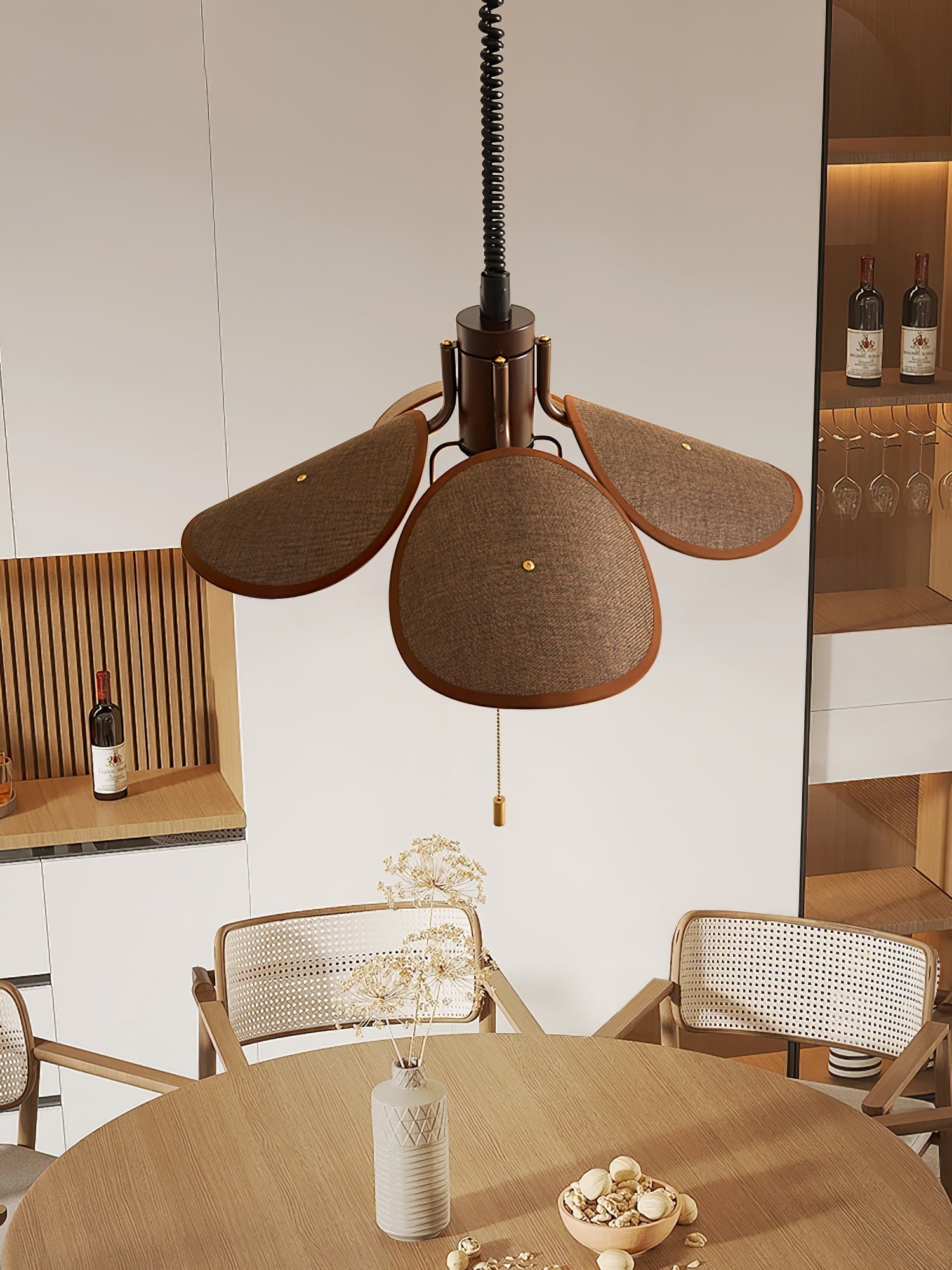 Petal Bloom Floral Linen Fabric Pendant Light Vintage Wood Walnut Hanging Ceiling Lamp