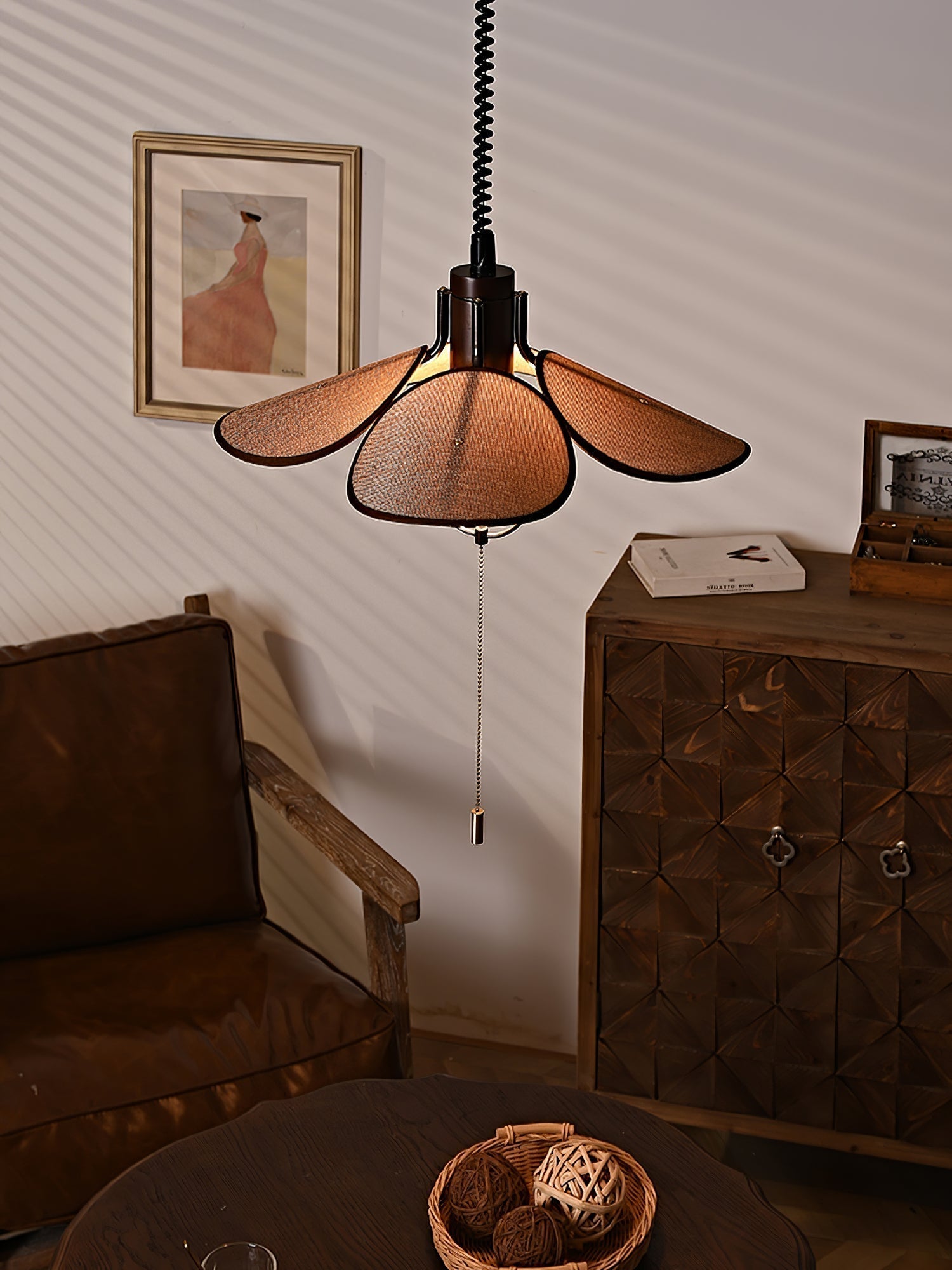 Petal Bloom Floral Linen Fabric Pendant Light Vintage Wood Walnut Hanging Ceiling Lamp