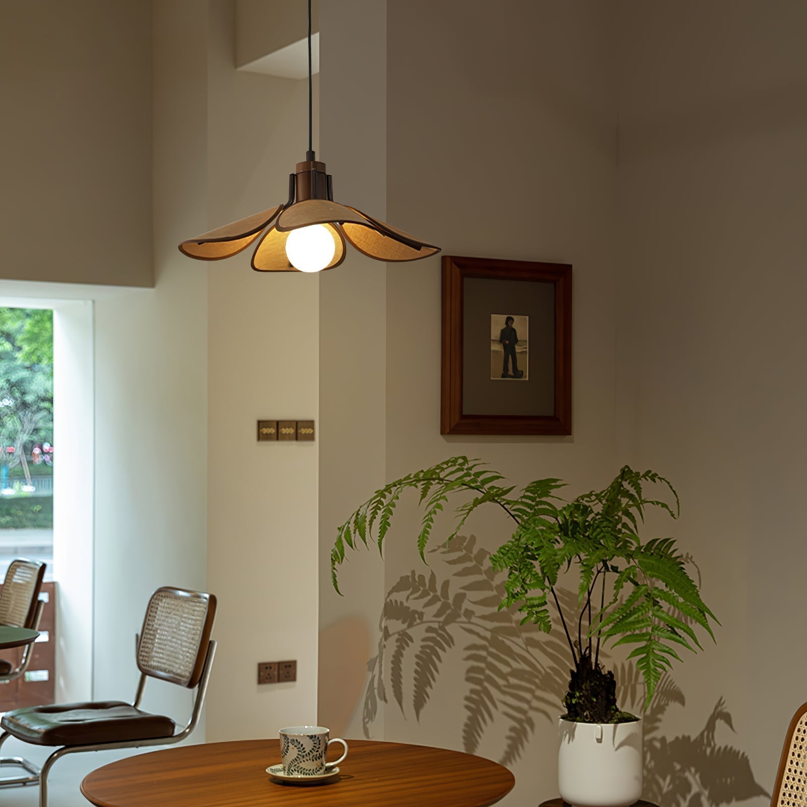 Petal Bloom Floral Linen Fabric Pendant Light Vintage Wood Walnut Hanging Ceiling Lamp