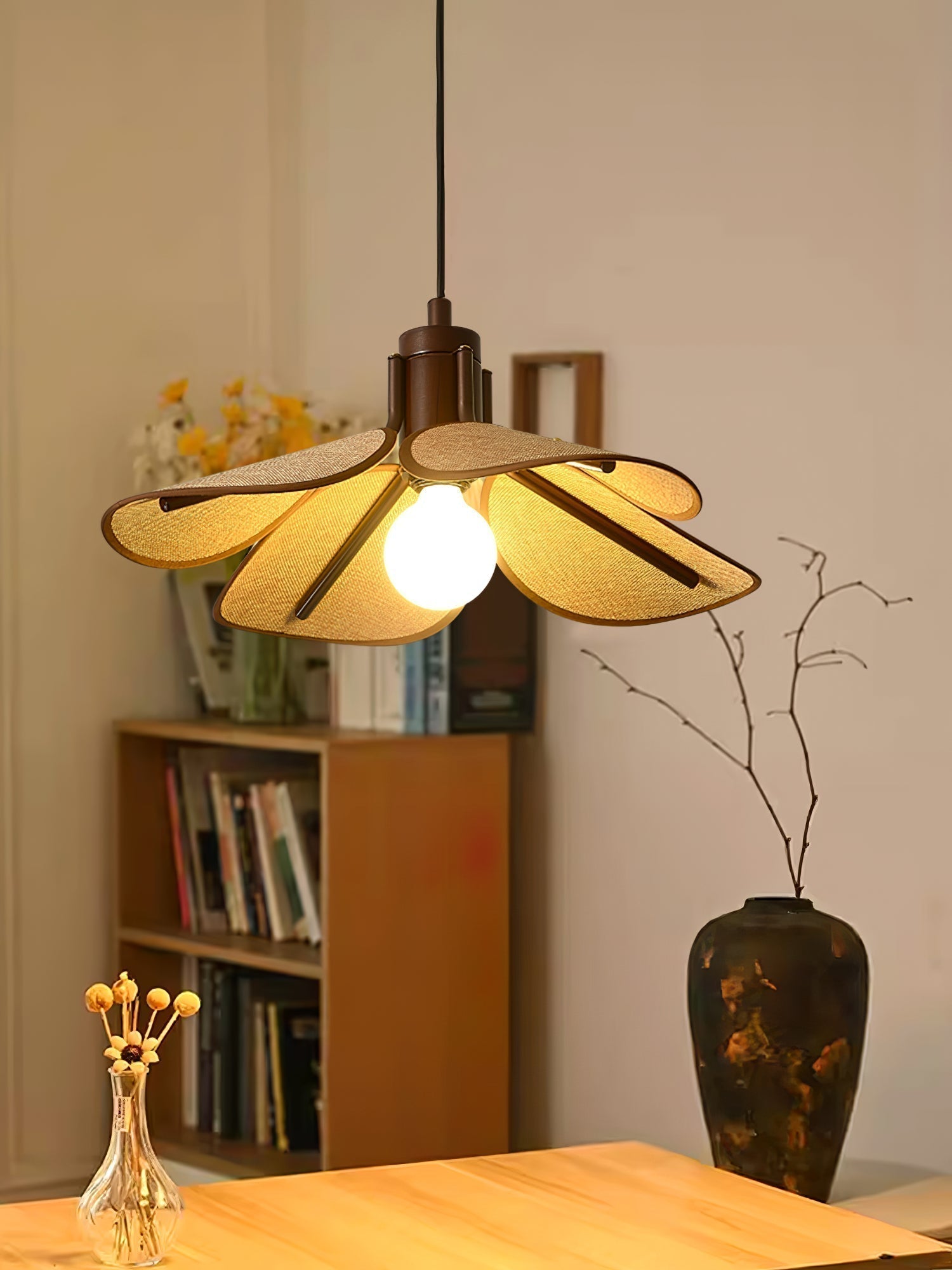 Petal Bloom Floral Linen Fabric Pendant Light Vintage Wood Walnut Hanging Ceiling Lamp