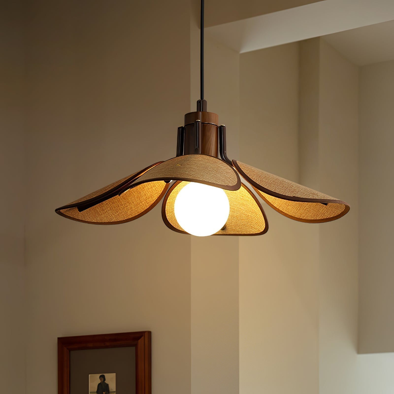 Petal Bloom Floral Linen Fabric Pendant Light Vintage Wood Walnut Hanging Ceiling Lamp