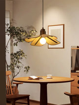 Petal Bloom Floral Linen Fabric Pendant Light Vintage Wood Walnut Hanging Ceiling Lamp
