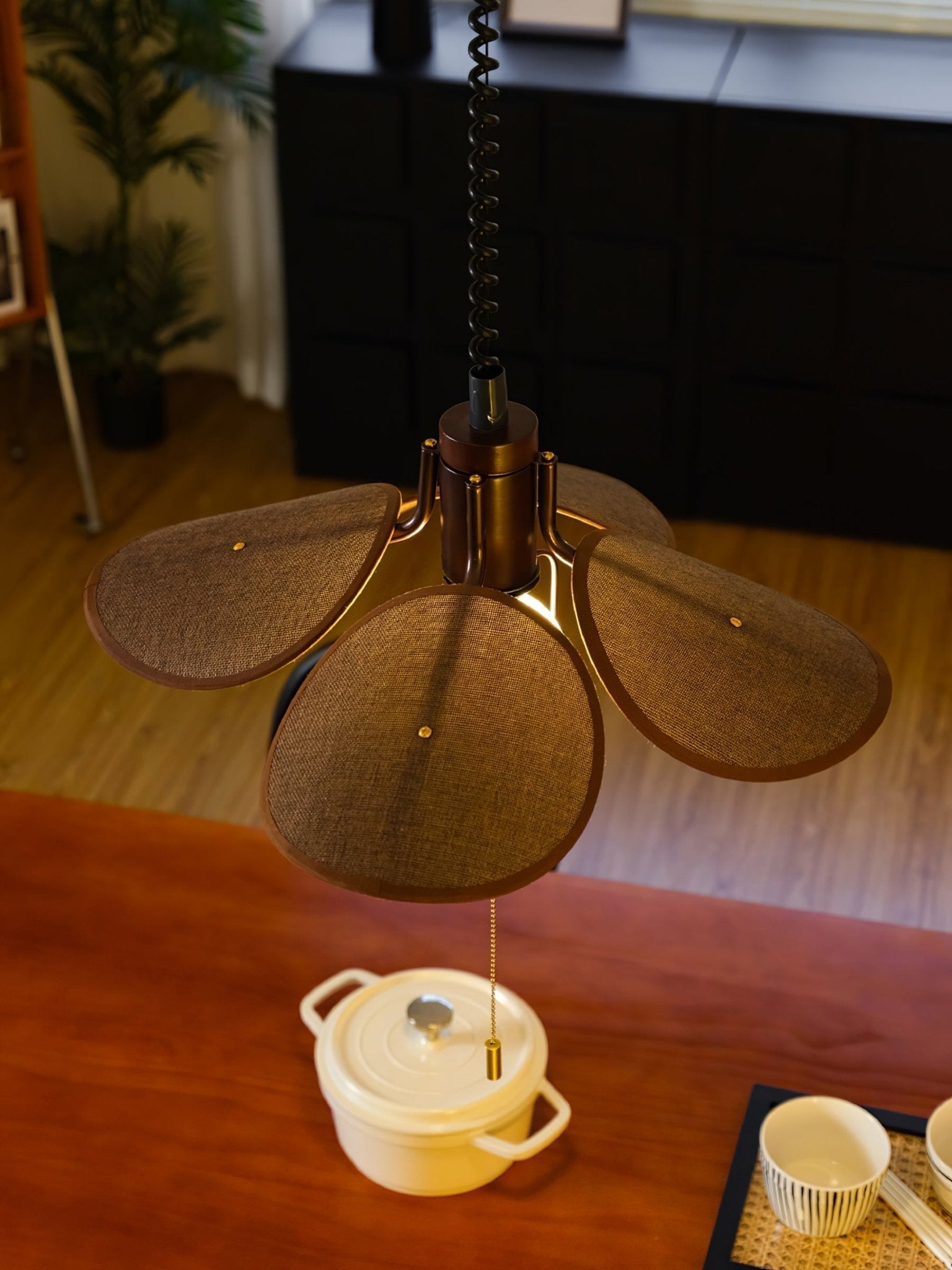 Petal Bloom Floral Linen Fabric Pendant Light Vintage Wood Walnut Hanging Ceiling Lamp