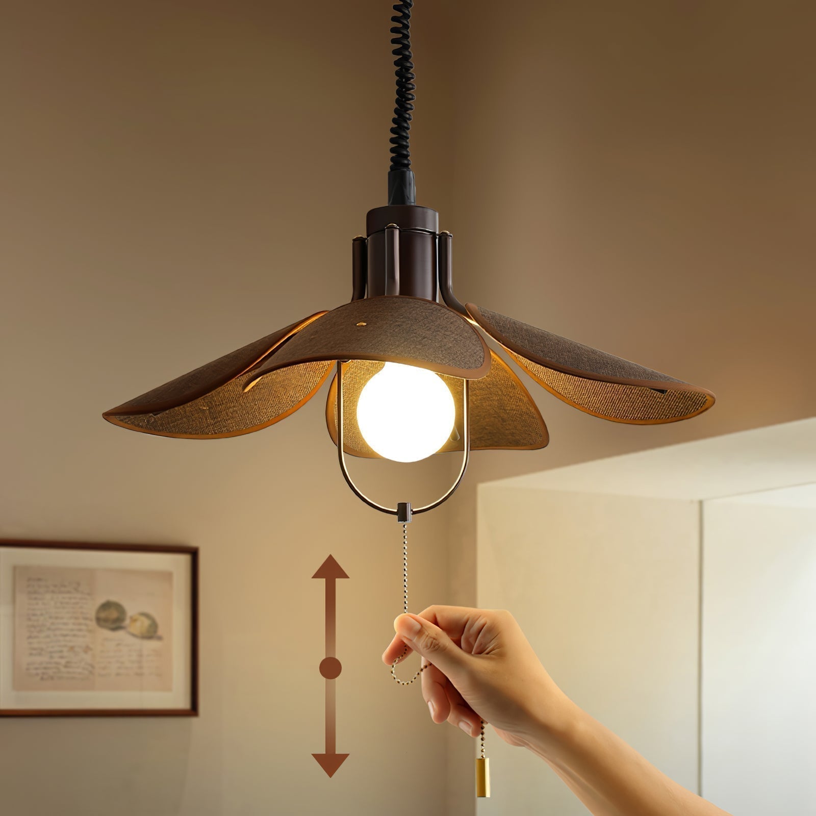 Petal Bloom Floral Linen Fabric Pendant Light Vintage Wood Walnut Hanging Ceiling Lamp