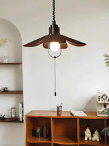 Petal Bloom Floral Linen Fabric Pendant Light Vintage Wood Walnut Hanging Ceiling Lamp