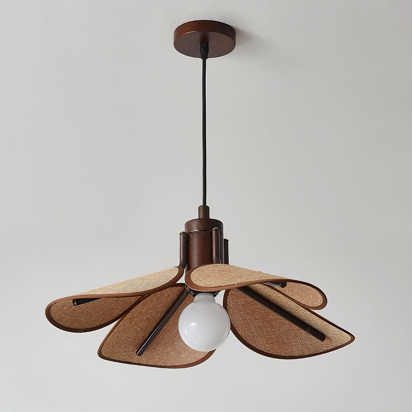 Petal Bloom Floral Linen Fabric Pendant Light Vintage Wood Walnut Hanging Ceiling Lamp