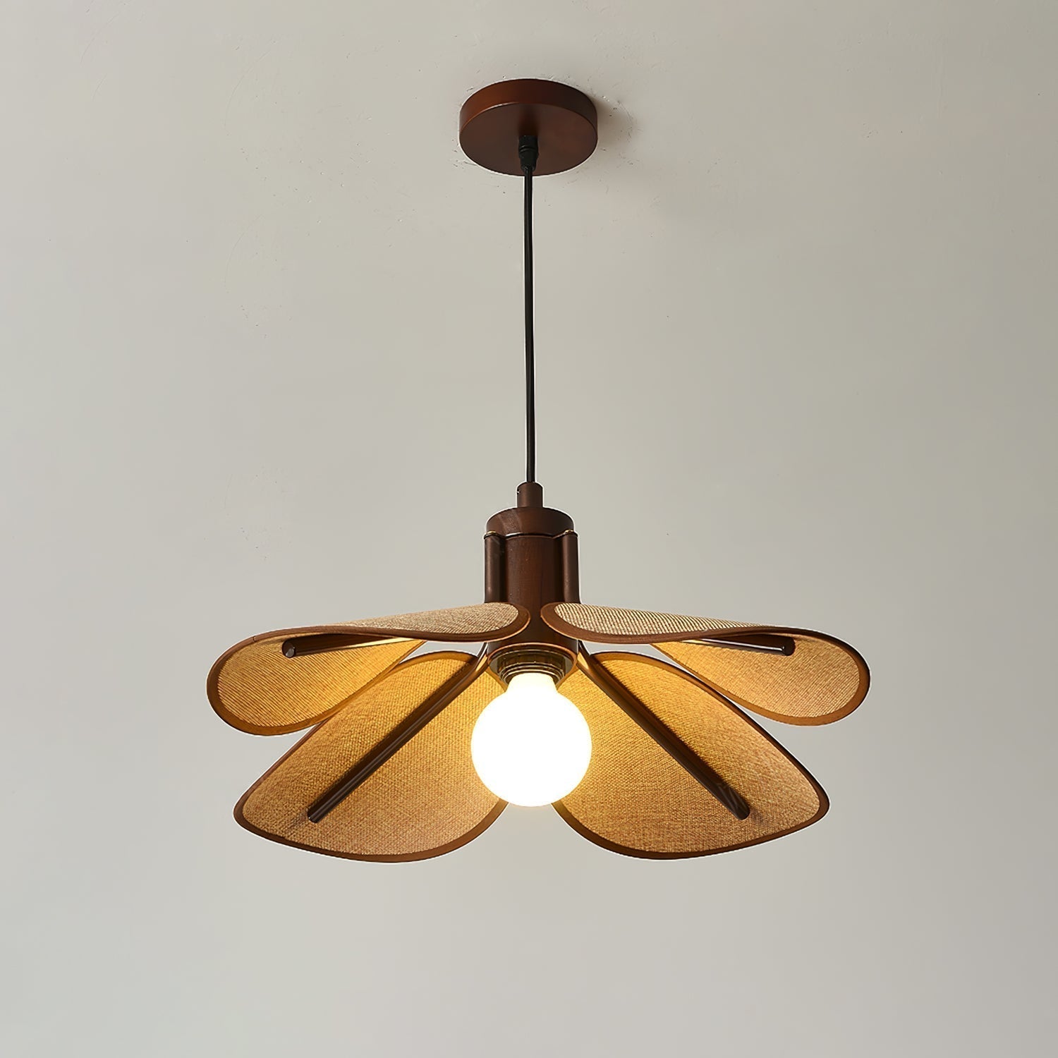 Petal Bloom Floral Linen Fabric Pendant Light Vintage Wood Walnut Hanging Ceiling Lamp