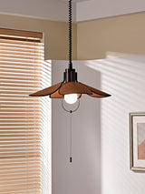Petal Bloom Floral Linen Fabric Pendant Light Vintage Wood Walnut Hanging Ceiling Lamp