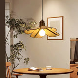 Petal Bloom Floral Linen Fabric Pendant Light Vintage Wood Walnut Hanging Ceiling Lamp