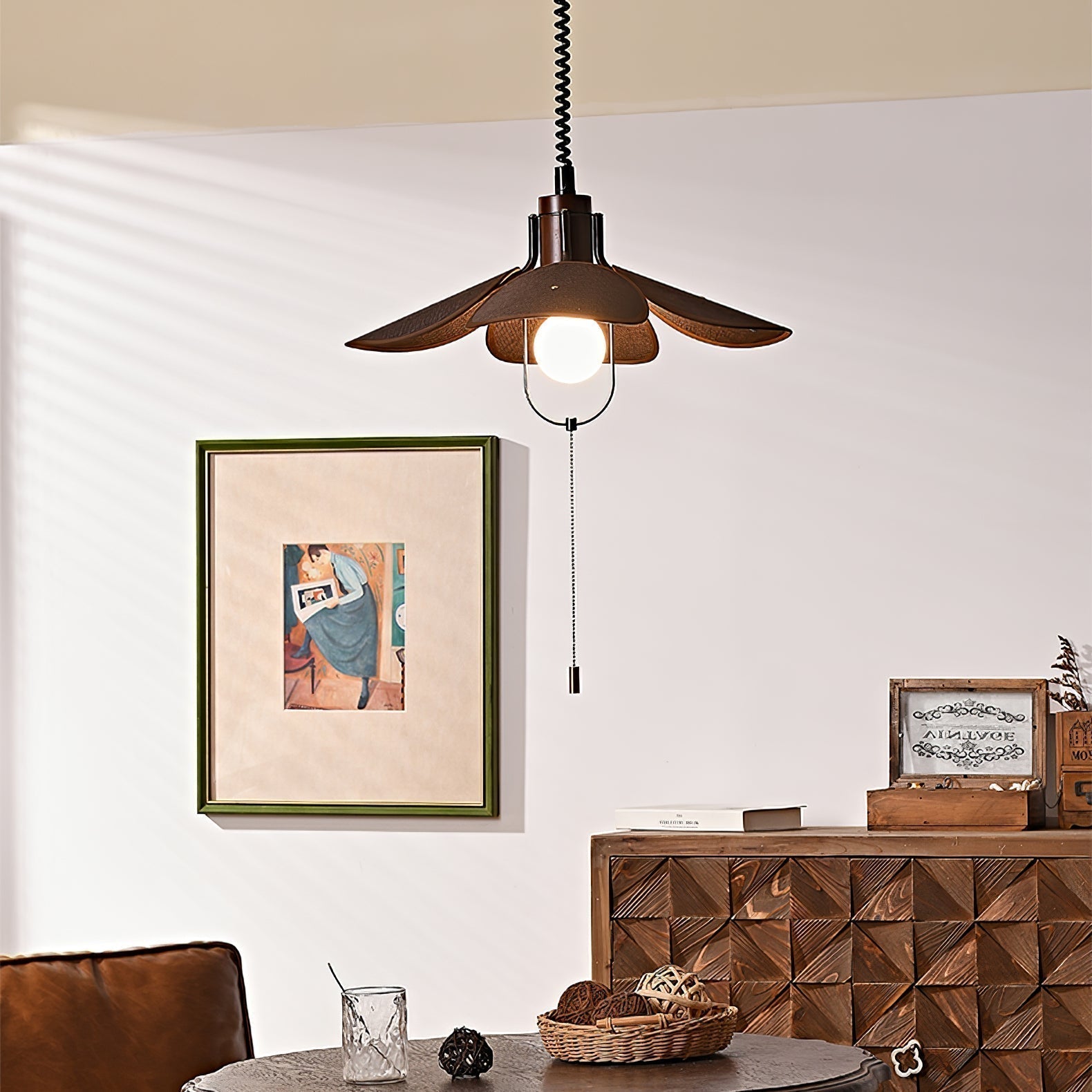 Petal Bloom Floral Linen Fabric Pendant Light Vintage Wood Walnut Hanging Ceiling Lamp