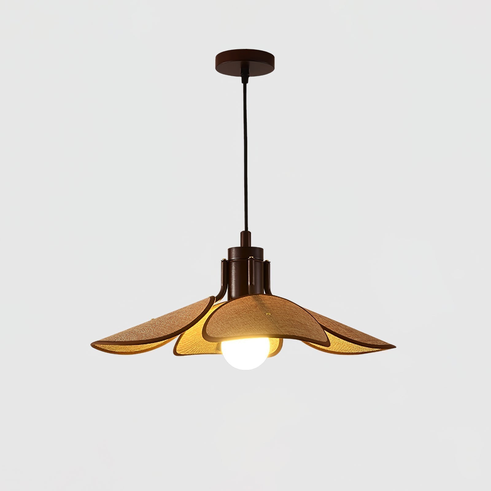 Petal Bloom Floral Linen Fabric Pendant Light Vintage Wood Walnut Hanging Ceiling Lamp
