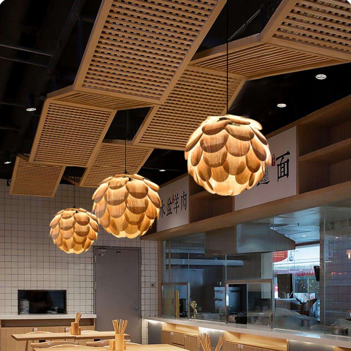 Pinecone Natural Ash Wood Pendant Light Organic Design Ceiling Fixture for Modern Home Interior Lighting