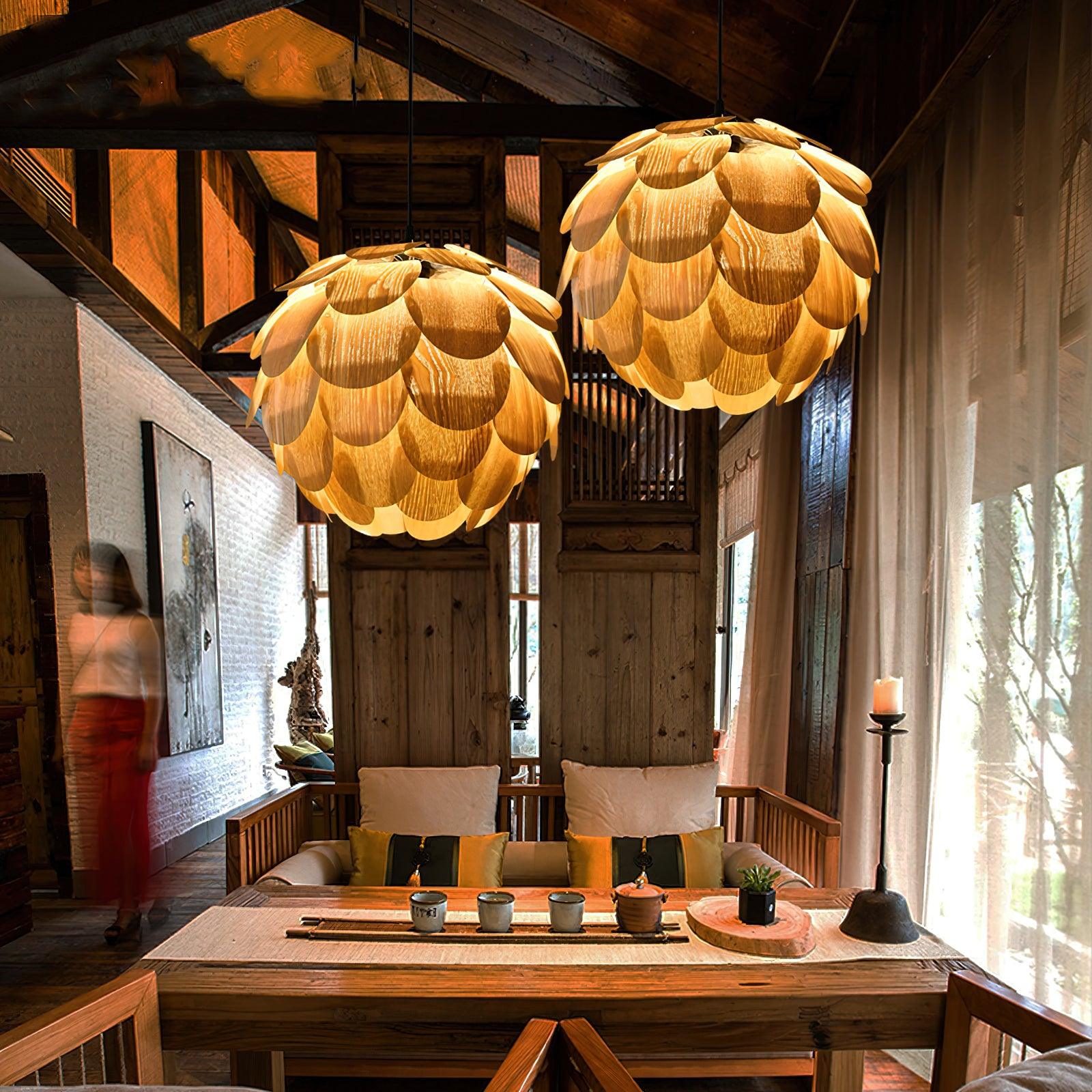 Pinecone Natural Ash Wood Pendant Light Organic Design Ceiling Fixture for Modern Home Interior Lighting