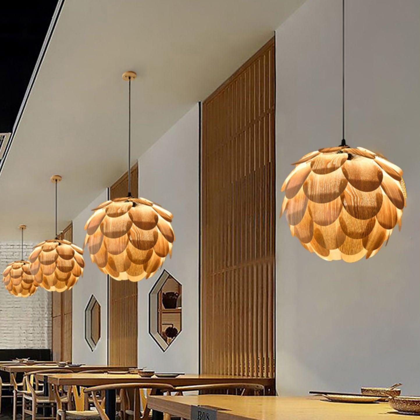 Pinecone Natural Ash Wood Pendant Light Organic Design Ceiling Fixture for Modern Home Interior Lighting