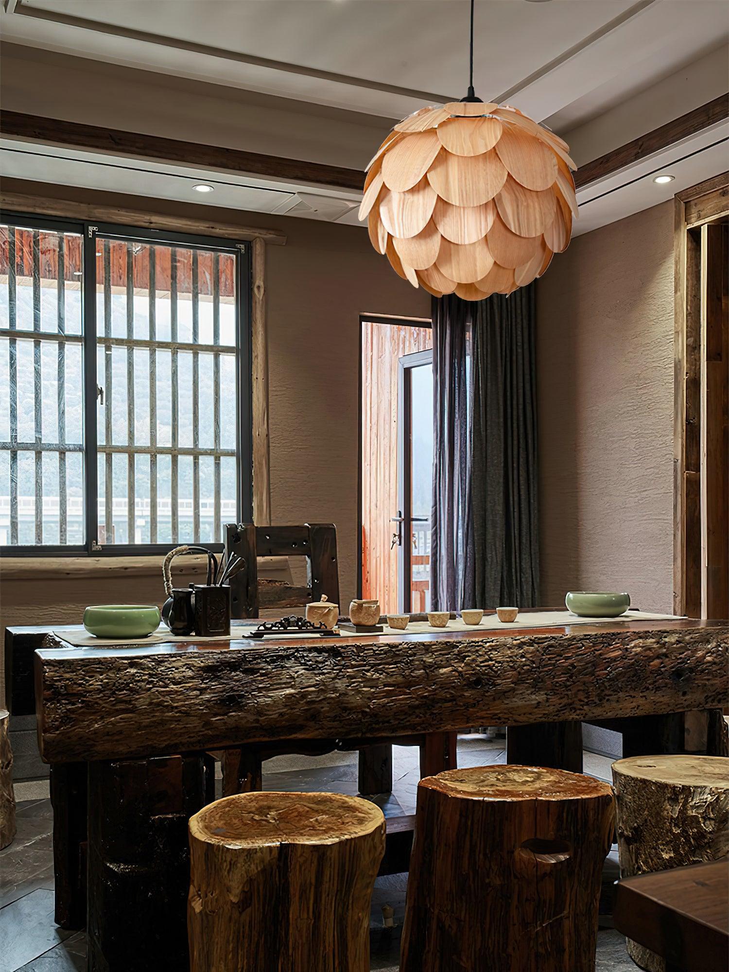 Pinecone Natural Ash Wood Pendant Light Organic Design Ceiling Fixture for Modern Home Interior Lighting