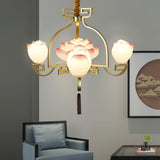 Pink and White Floral Lotus Bloom Pendant Light Resin Matcha Style Chandelier