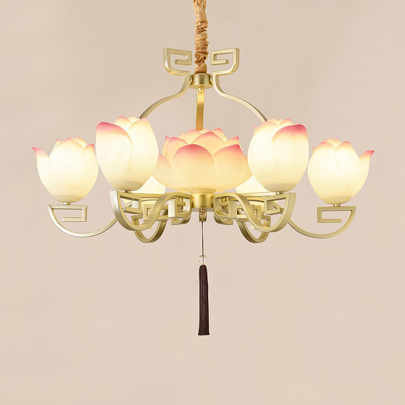 Pink and White Floral Lotus Bloom Pendant Light Resin Matcha Style Chandelier