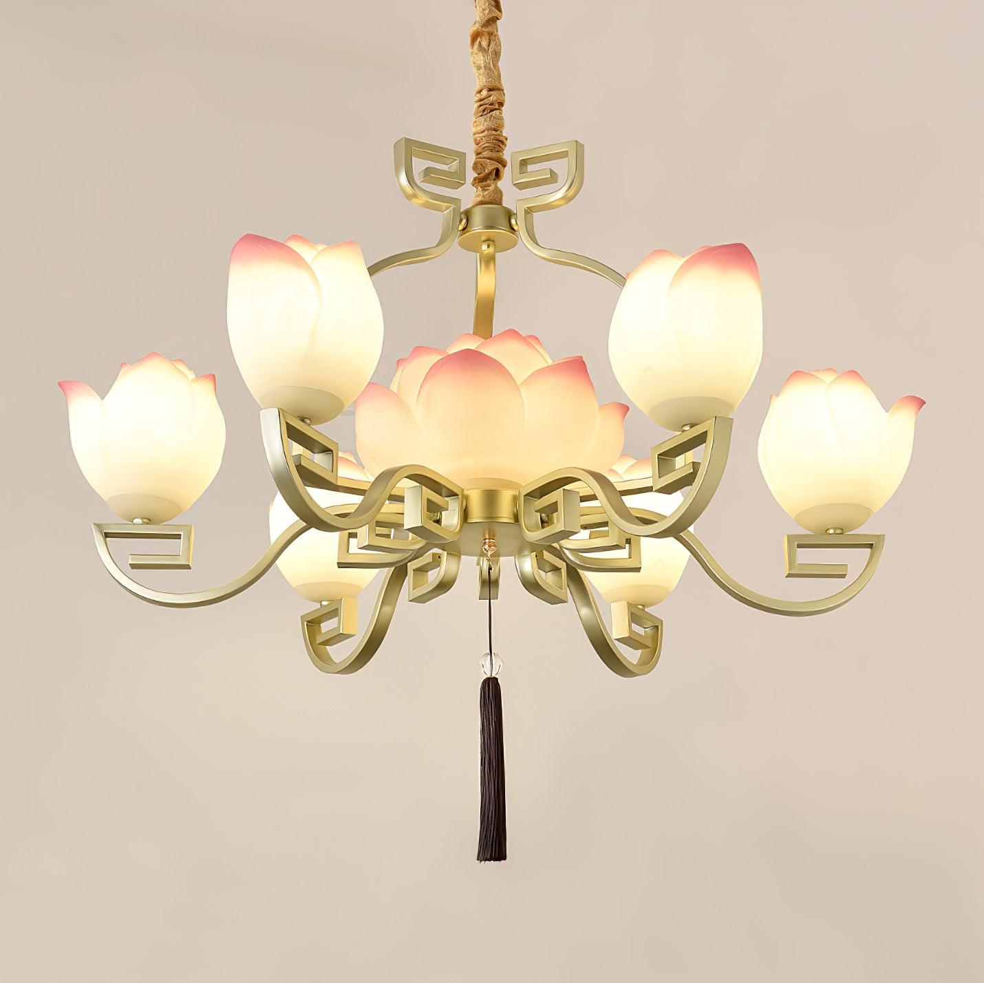 Pink and White Floral Lotus Bloom Pendant Light Resin Matcha Style Chandelier
