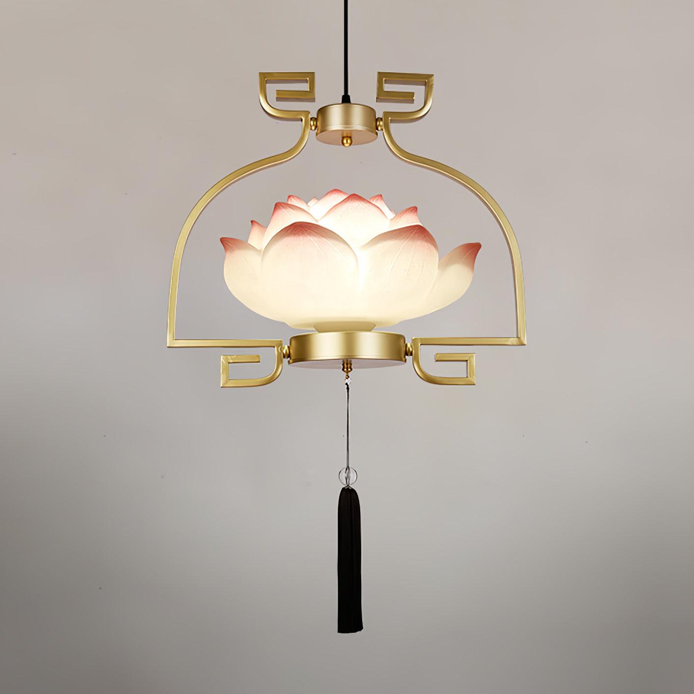 Pink and White Floral Lotus Bloom Pendant Light Resin Matcha Style Chandelier