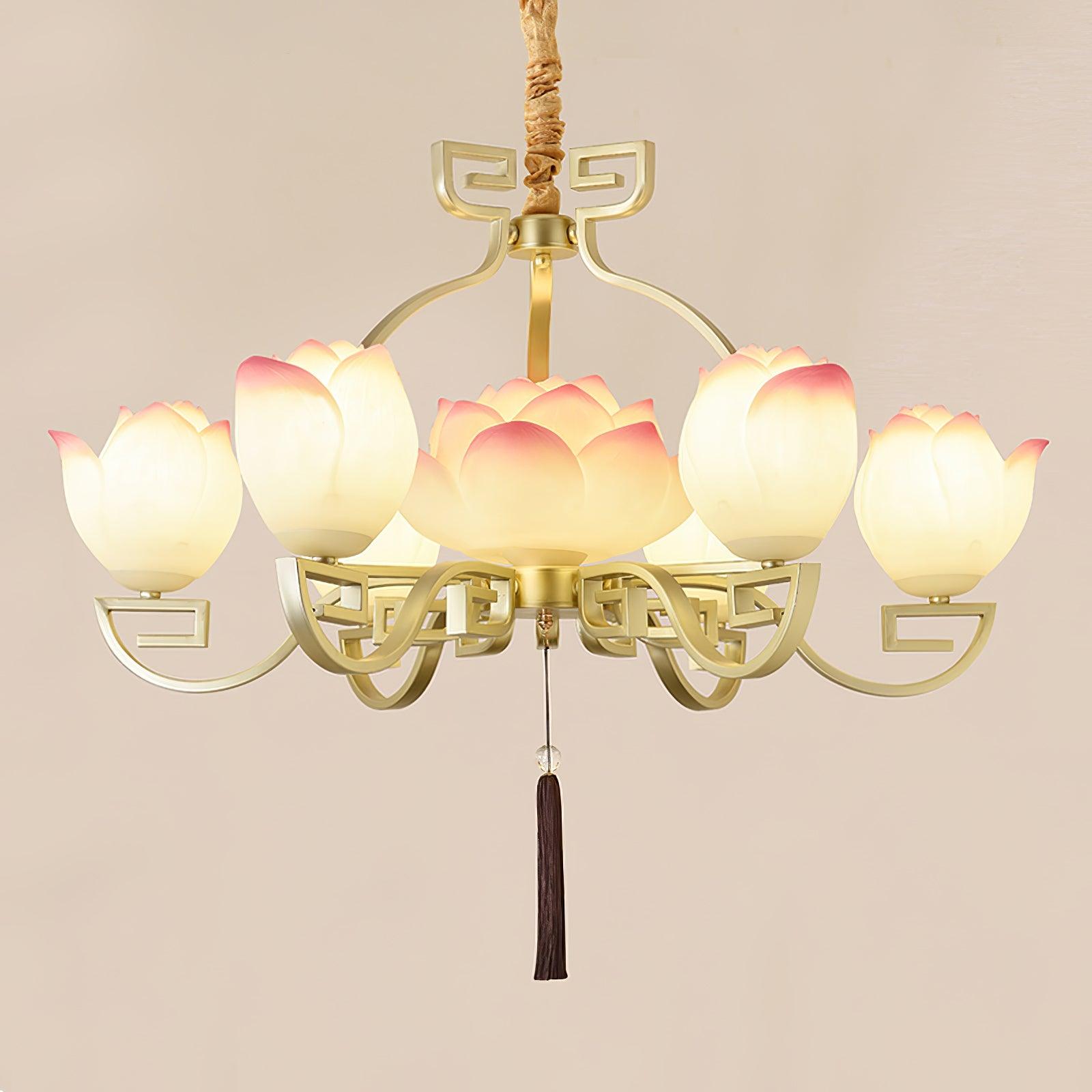 Pink and White Floral Lotus Bloom Pendant Light Resin Matcha Style Chandelier