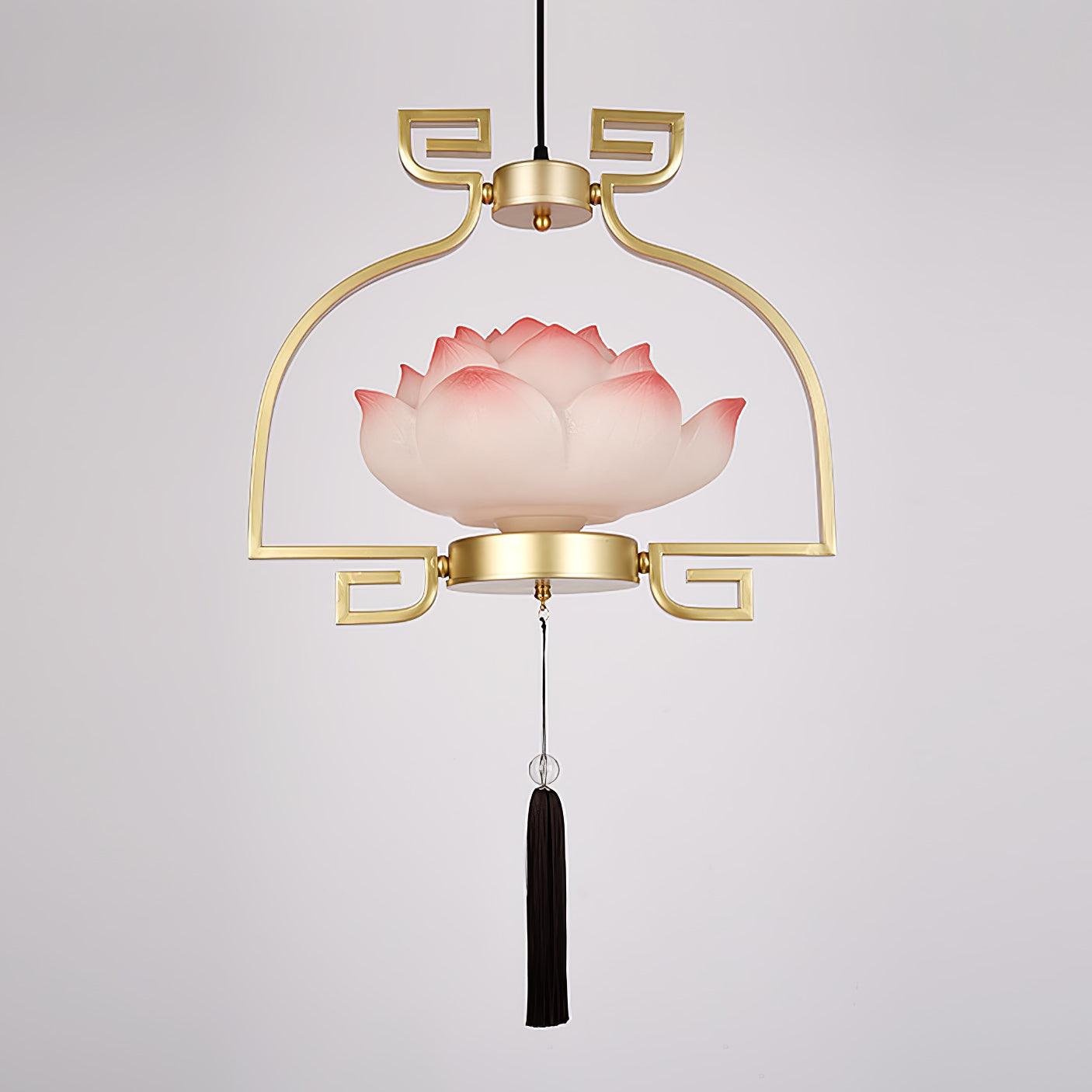 Pink and White Floral Lotus Bloom Pendant Light Resin Matcha Style Chandelier