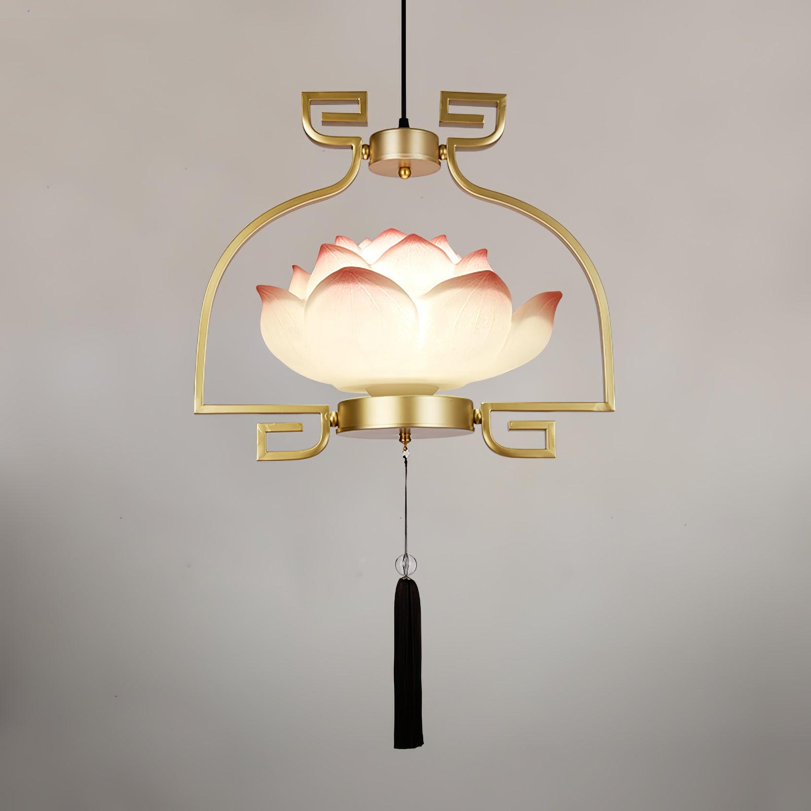 Pink and White Floral Lotus Bloom Pendant Light Resin Matcha Style Chandelier