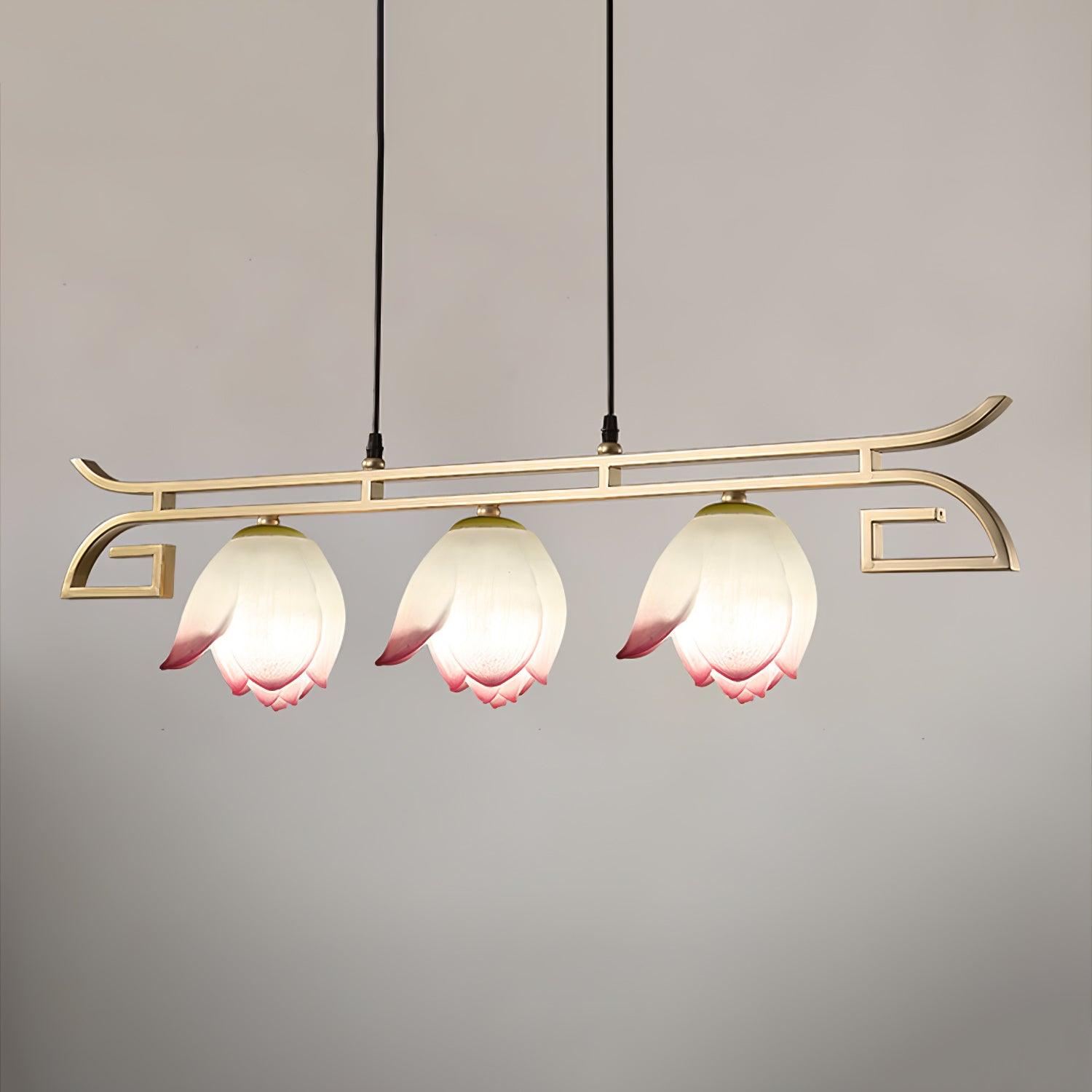 Pink and White Floral Lotus Bloom Pendant Light Resin Matcha Style Chandelier