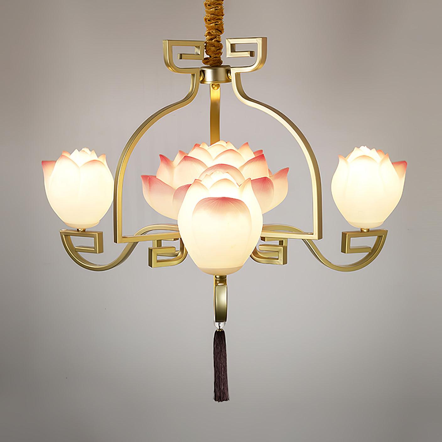 Pink and White Floral Lotus Bloom Pendant Light Resin Matcha Style Chandelier