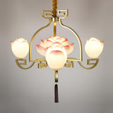 Pink and White Floral Lotus Bloom Pendant Light Resin Matcha Style Chandelier