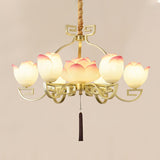 Pink and White Floral Lotus Bloom Pendant Light Resin Matcha Style Chandelier