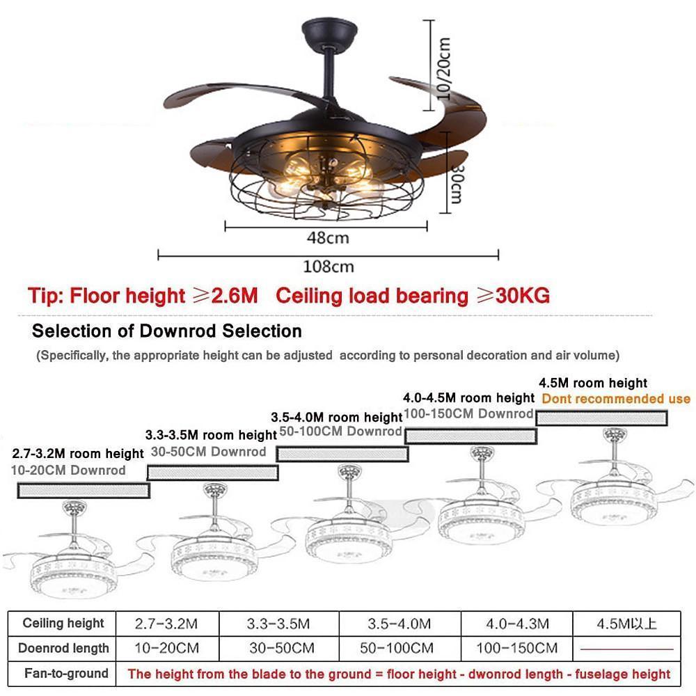 43 Inch Black Industrial Retractable Ceiling Fan with Lantern Light for Living Room