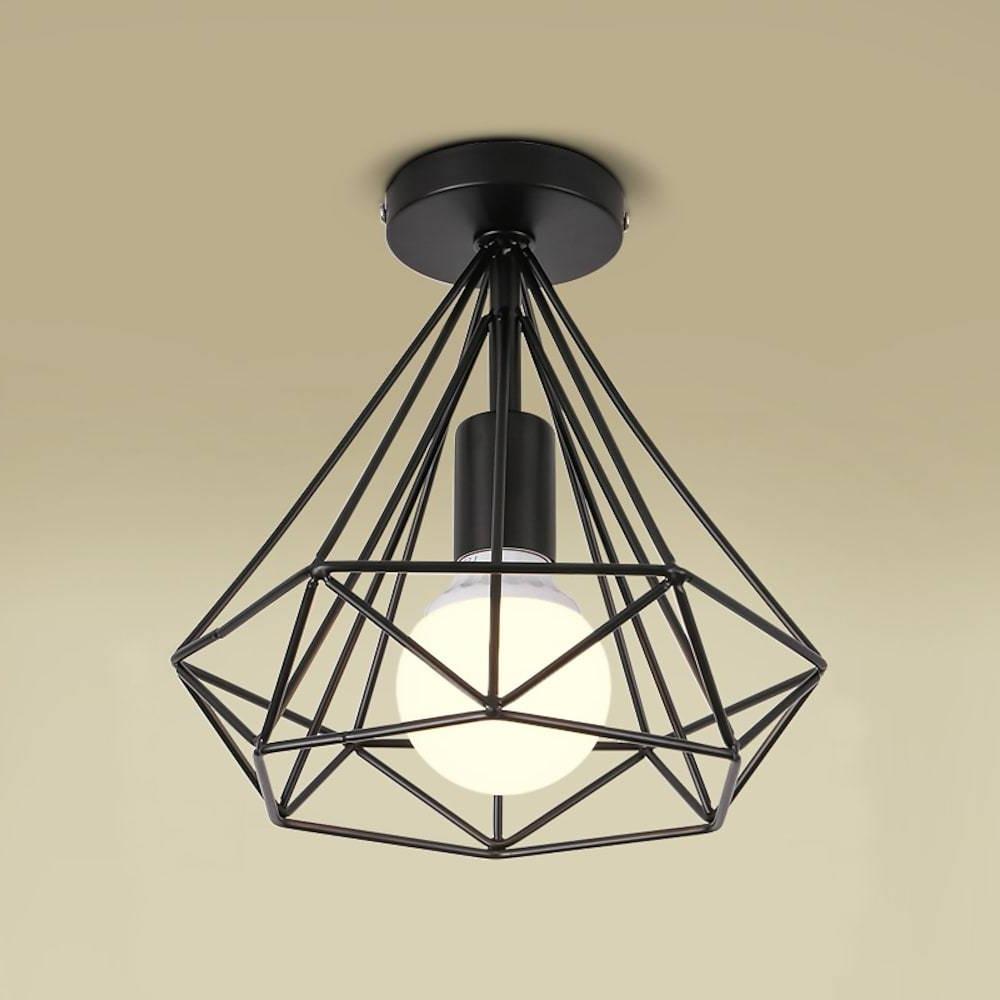 Vintage Geometric Black Metal Cage Flush Mount LED Ceiling Light for Hallways and Kitchens